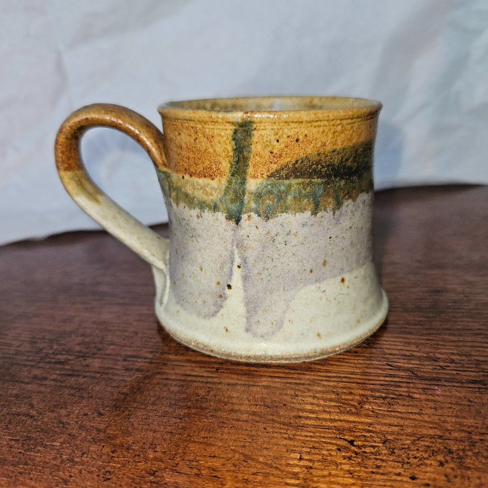 Studio Hand Made Stoneware Mug, Beige, brown peach, gray, green signed KH